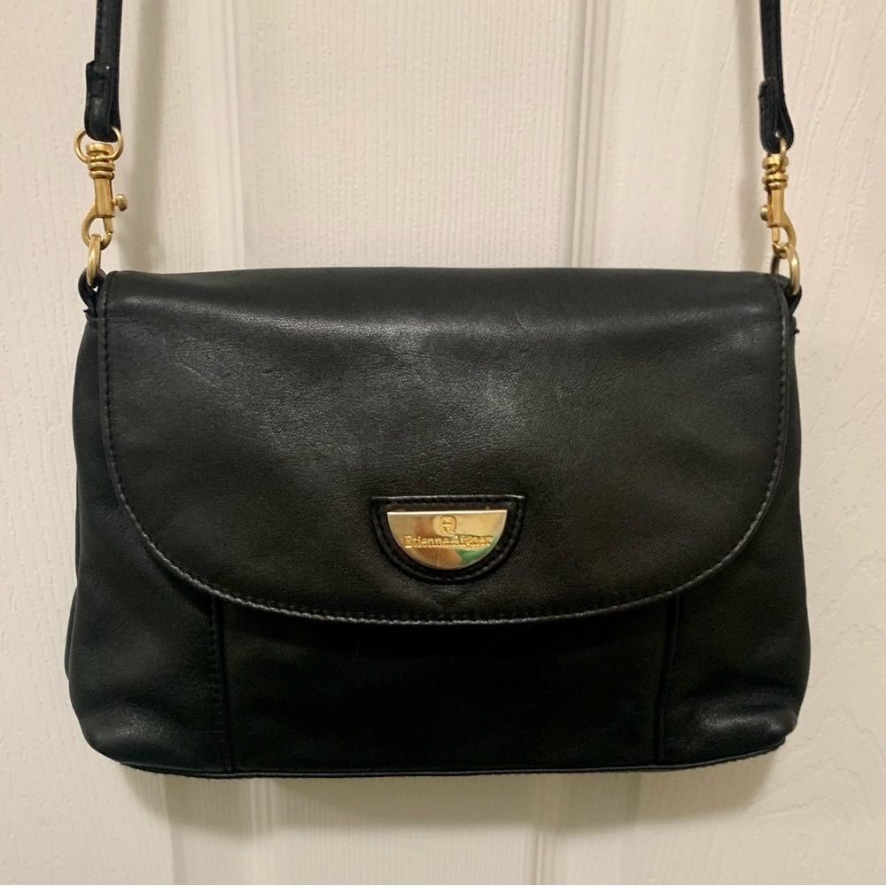 Etienne Aigner Black Genuine Leather Gold Hardware Crossbody Purse Bag